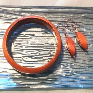 Vintage Wooden Bangle Bracelet and Wood and Copper Earrings Set